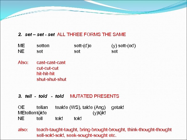 2. set – set - set ALL THREE FORMS THE SAME ME NE setten