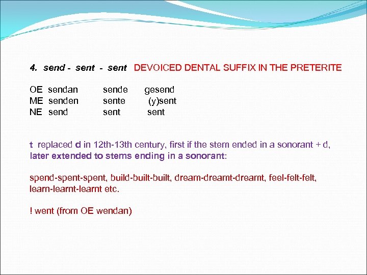 4. send - sent DEVOICED DENTAL SUFFIX IN THE PRETERITE OE sendan ME senden