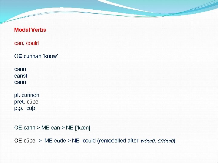 Modal Verbs can, could OE cunnan ‘know’ cann canst cann pl. cunnon pret. cūþe