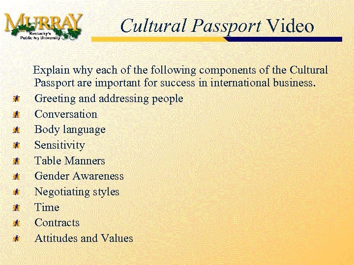 Cultural Passport Video Explain why each of the following components of the Cultural Passport
