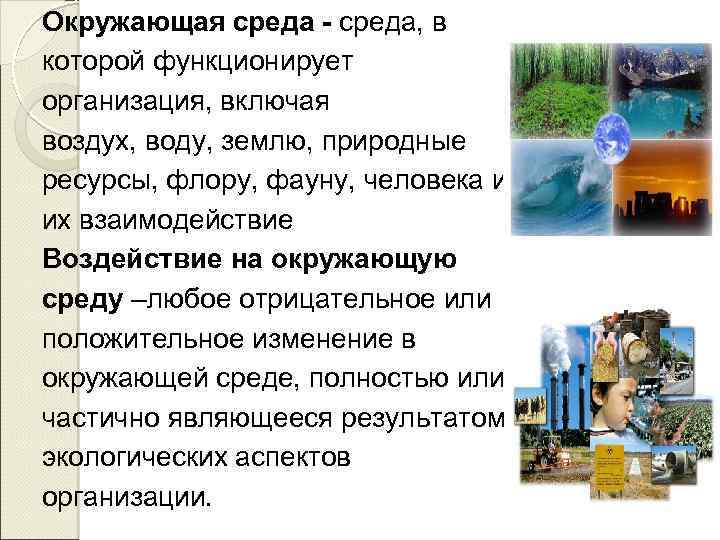 Окружающая среда - среда, в которой функционирует организация, включая воздух, воду, землю, природные ресурсы,