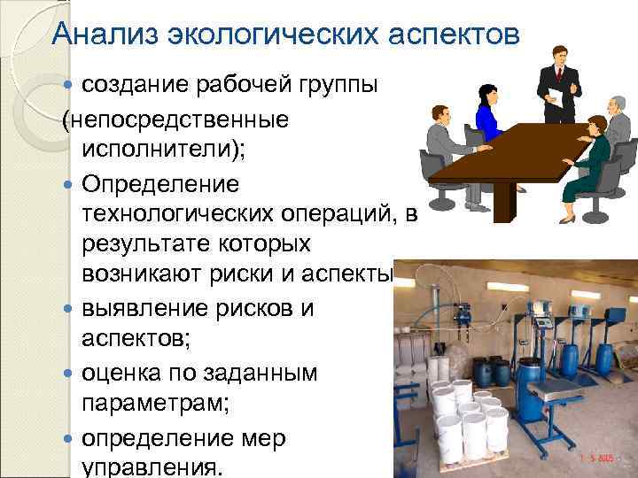 Анализ экологических аспектов создание рабочей группы (непосредственные исполнители); Определение технологических операций, в результате которых