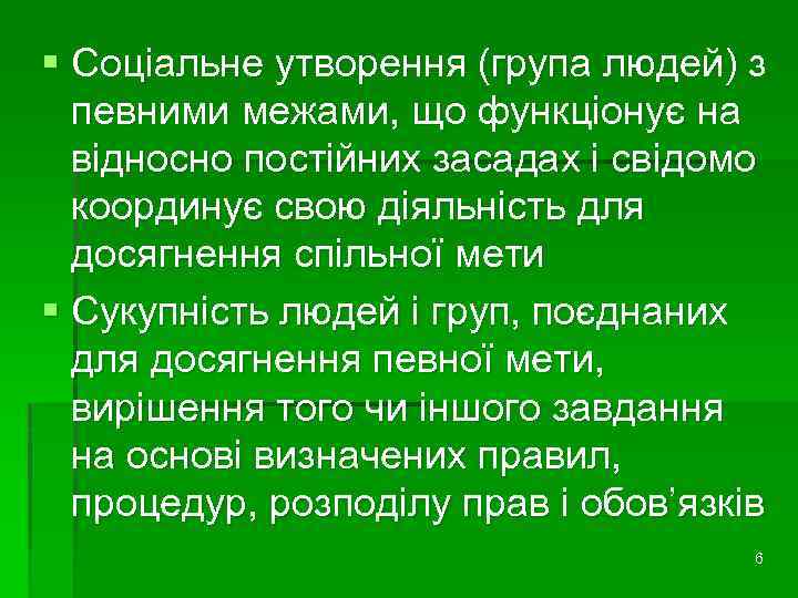 § Соціальне утворення (група людей) з певними межами, що функціонує на відносно постійних засадах