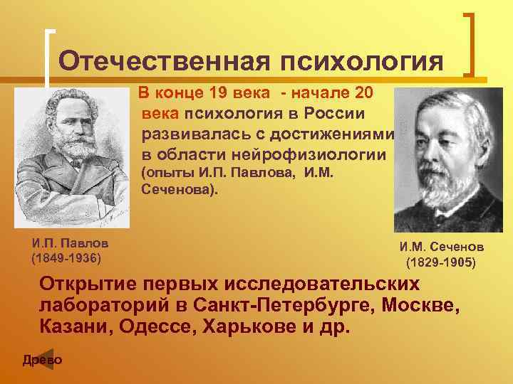 Отечественная психология В конце 19 века - начале 20 века психология в России развивалась