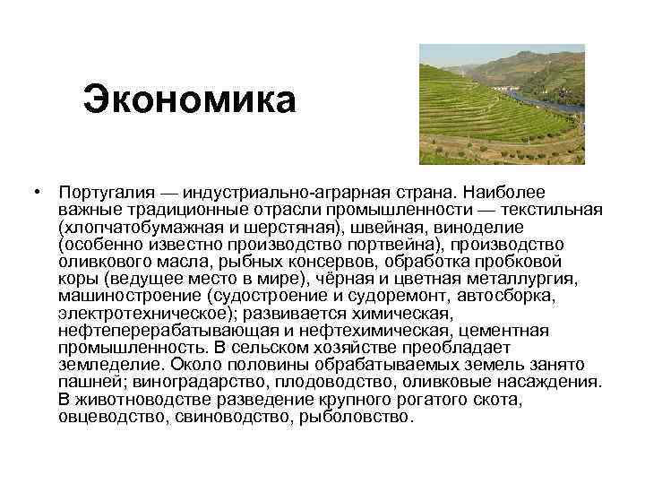 Экономика • Португалия — индустриально-аграрная страна. Наиболее важные традиционные отрасли промышленности — текстильная (хлопчатобумажная