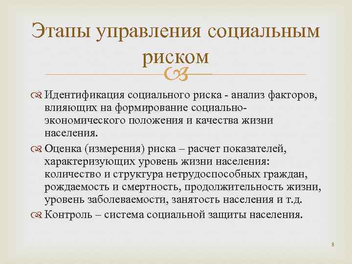 Этапы управления социальным риском Идентификация социального риска - анализ факторов, влияющих на формирование социальноэкономического