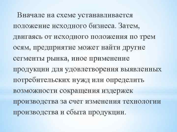Вначале на схеме устанавливается положение исходного бизнеса. Затем, двигаясь от исходного положения по трем
