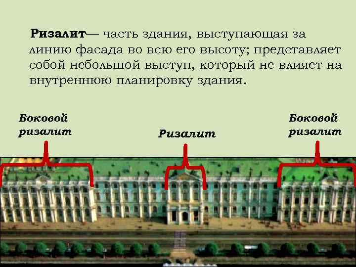 Ризалит— часть здания, выступающая за линию фасада во всю его высоту; представляет собой небольшой