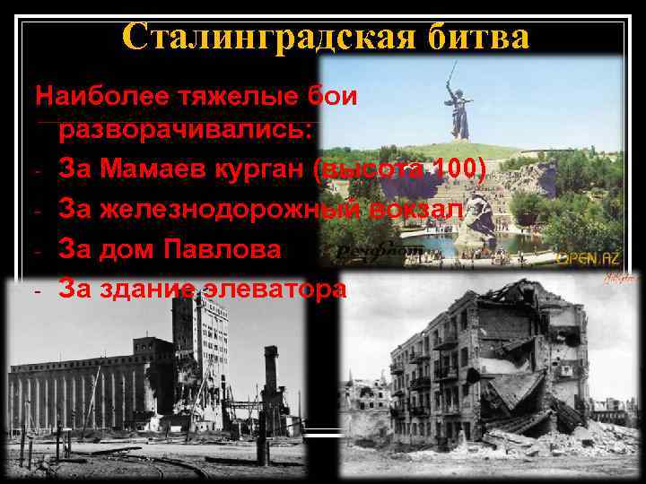 Сталинградская битва Наиболее тяжелые бои разворачивались: - За Мамаев курган (высота 100) - За