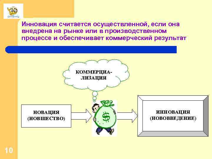 Инновация считается осуществленной, если она внедрена на рынке или в производственном процессе и обеспечивает