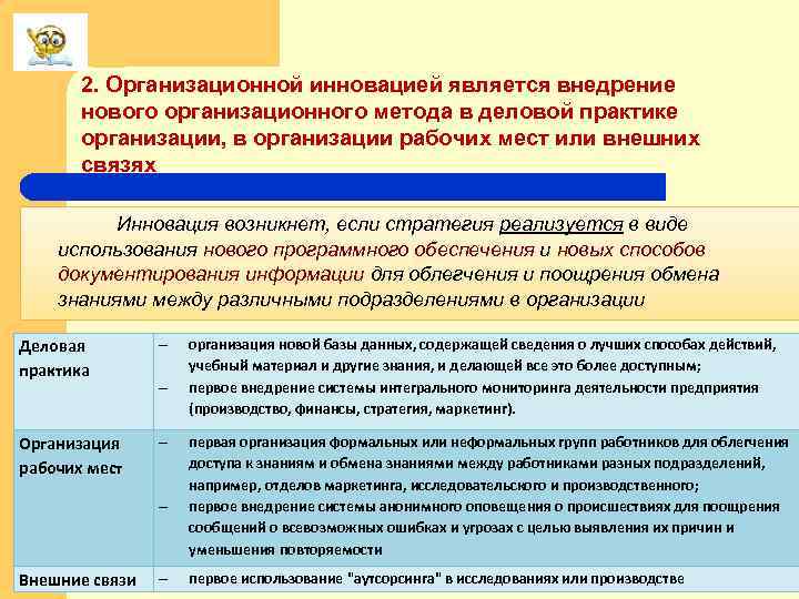 2. Организационной инновацией является внедрение нового организационного метода в деловой практике организации, в организации