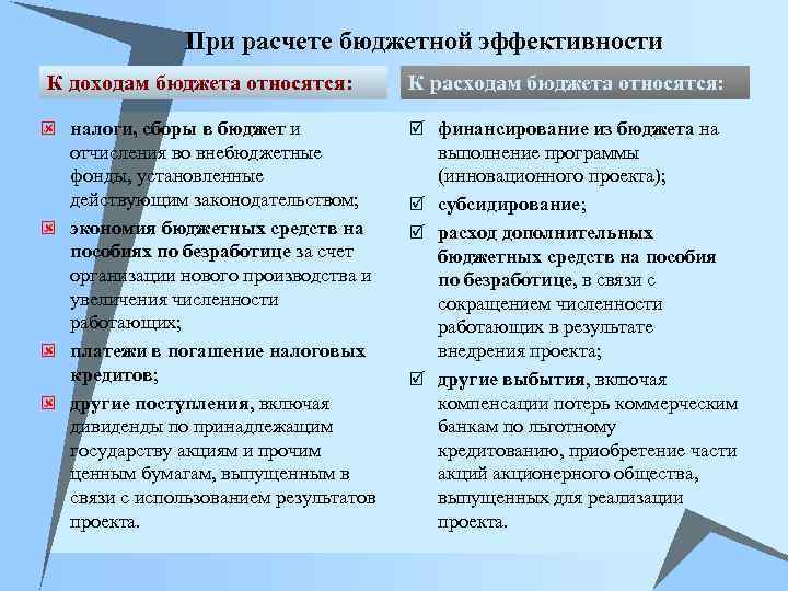При расчете бюджетной эффективности К доходам бюджета относятся: К расходам бюджета относятся: налоги, сборы