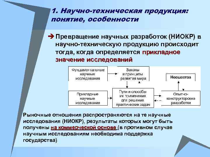 1. Научно-техническая продукция: понятие, особенности è Превращение научных разработок (НИОКР) в научно-техническую продукцию происходит