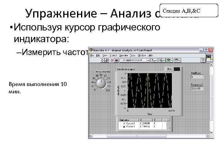 Упражнение – Анализ сигнала Секции A, B, &C • Используя курсор графического индикатора: –