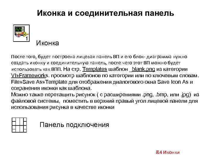 Иконка и соединительная панель Иконка После того, будет построена лицевая панель ВП и его
