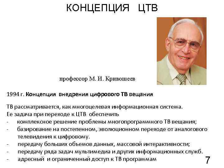 КОНЦЕПЦИЯ ЦТВ профессор М. И. Кривошеев 1994 г. Концепция внедрения цифрового ТВ вещания ТВ