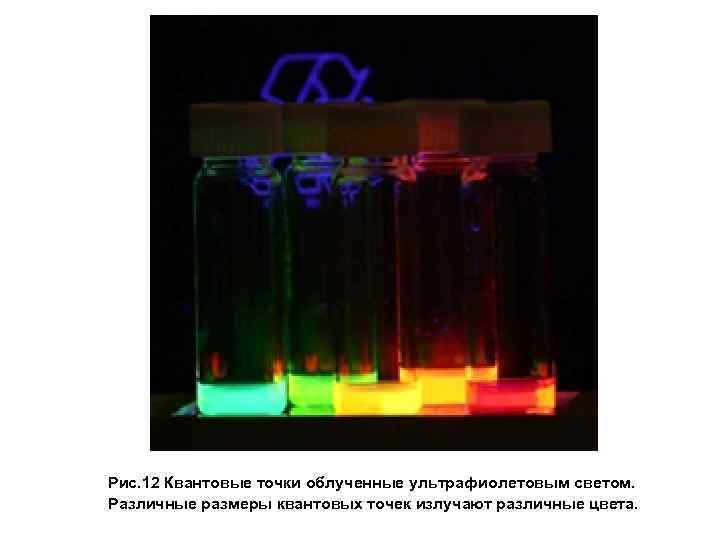  Рис. 12 Квантовые точки облученные ультрафиолетовым светом. Различные размеры квантовых точек излучают различные
