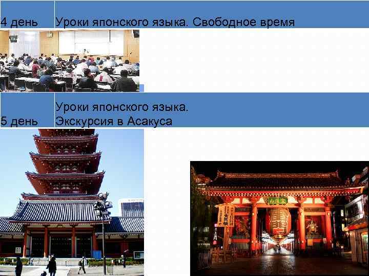 4 день Уроки японского языка. Cвободное время 5 день Уроки японского языка. Экскурсия в