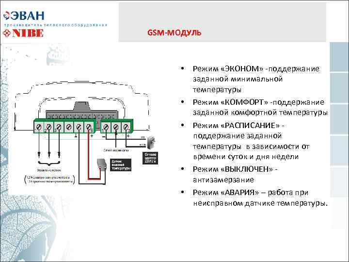 GSM-МОДУЛЬ • • • Режим «ЭКОНОМ» -поддержание заданной минимальной температуры Режим «КОМФОРТ» -поддержание заданной