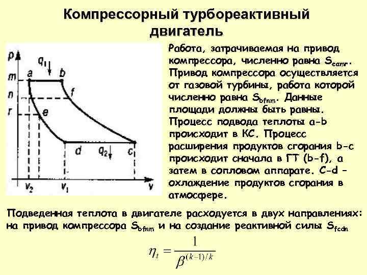 Компрессорный турбореактивный двигатель Работа, затрачиваемая на привод компрессора, численно равна Seamr. Привод компрессора осуществляется