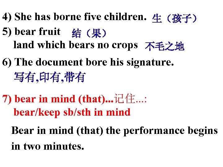 4) She has borne five children. 生（孩子） 5) bear fruit 结（果） land which bears