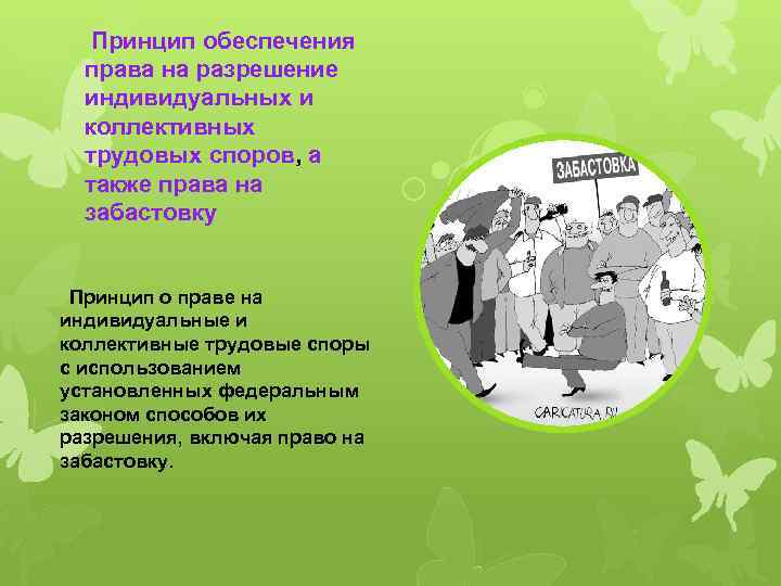  Принцип обеспечения права на разрешение индивидуальных и коллективных трудовых споров, а также права