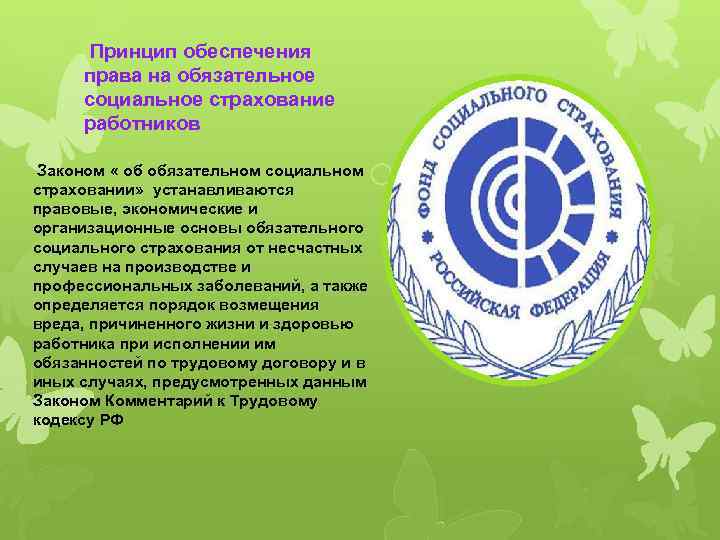  Принцип обеспечения права на обязательное социальное страхование работников Законом « об обязательном социальном