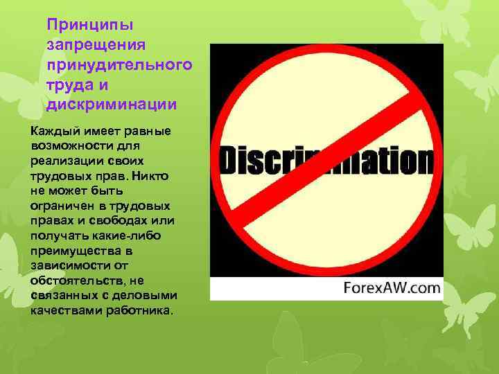 Принципы запрещения принудительного труда и дискриминации Каждый имеет равные возможности для реализации своих трудовых