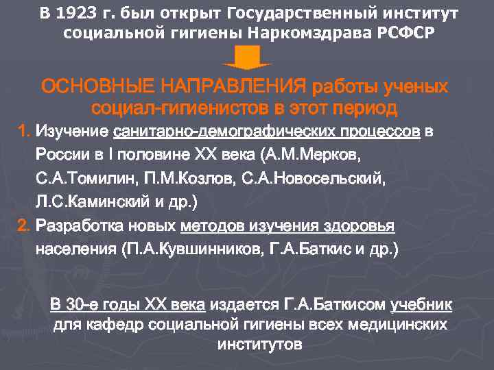 В 1923 г. был открыт Государственный институт социальной гигиены Наркомздрава РСФСР ОСНОВНЫЕ НАПРАВЛЕНИЯ работы