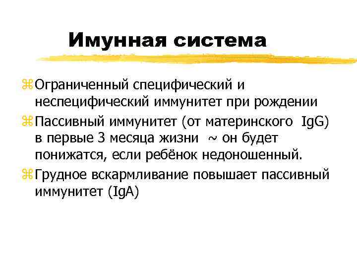 Имунная система z Ограниченный специфический и неспецифический иммунитет при рождении z Пассивный иммунитет (от