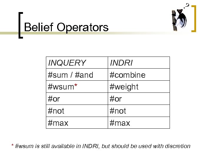 ? Belief Operators INQUERY #sum / #and #wsum* #or #not #max INDRI #combine #weight
