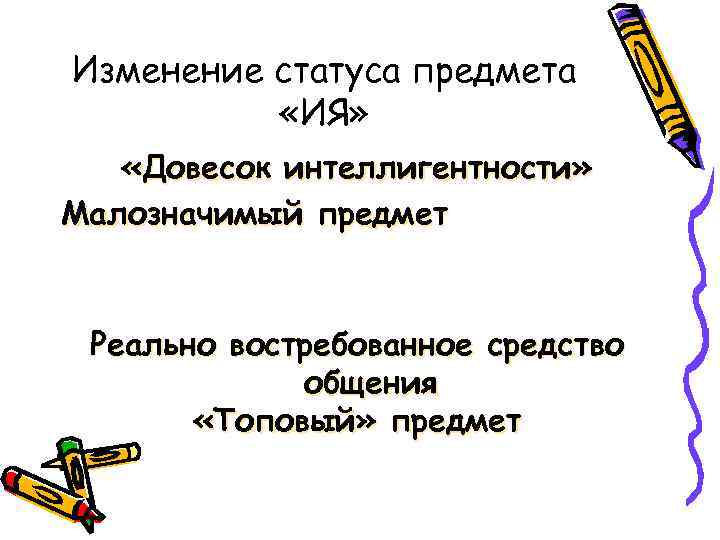 Изменение статуса предмета «ИЯ» «Довесок интеллигентности» Малозначимый предмет Реально востребованное средство общения «Топовый» предмет