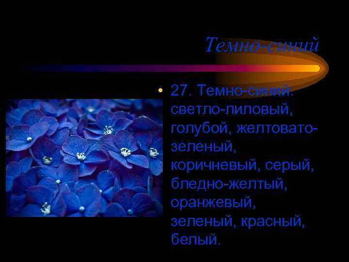 Темно-синий • 27. Темно-синий: светло-лиловый, голубой, желтоватозеленый, коричневый, серый, бледно-желтый, оранжевый, зеленый, красный, белый.