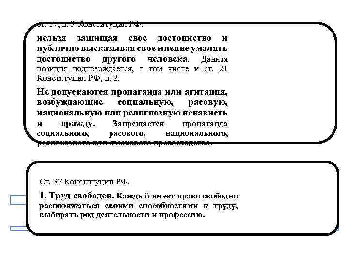 ст. 17, п. 3 Конституции РФ: нельзя защищая свое достоинство и публично высказывая свое