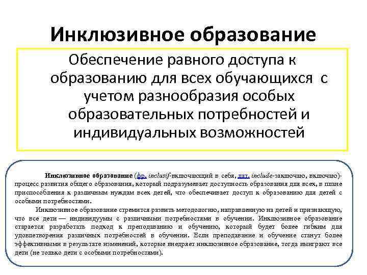 Инклюзивное образование Обеспечение равного доступа к образованию для всех обучающихся с учетом разнообразия особых