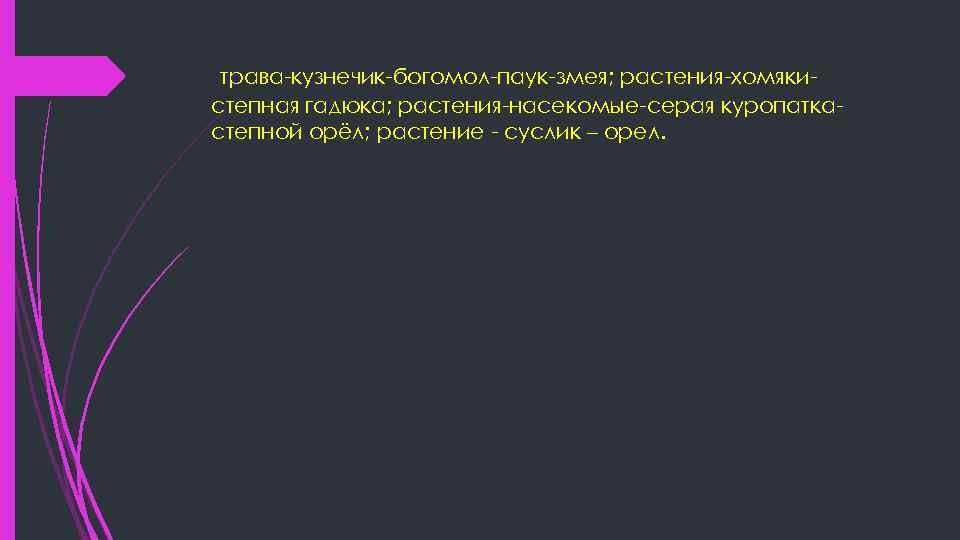 трава-кузнечик-богомол-паук-змея; растения-хомякистепная гадюка; растения-насекомые-серая куропаткастепной орёл; растение - суслик – орел. 