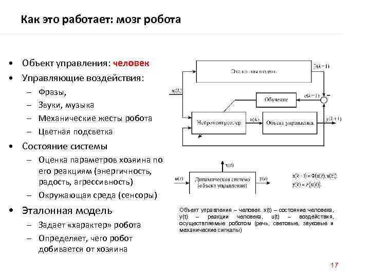 Как это работает: мозг робота • Объект управления: человек • Управляющие воздействия: – –