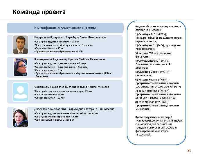 Команда проекта Квалификация участников проекта Генеральный директор Скрибцов Павел Вячеславович • Опыт руководства проектами