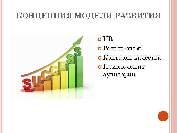 КОНЦЕПЦИЯ МОДЕЛИ РАЗВИТИЯ HR Рост продаж Контроль качества Привлечение аудитории 