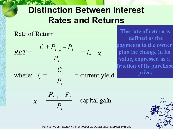 Distinction Between Interest Rates and Returns Rate of Return RET = C + Pt+1