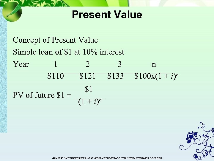 Present Value Concept of Present Value Simple loan of $1 at 10% interest Year
