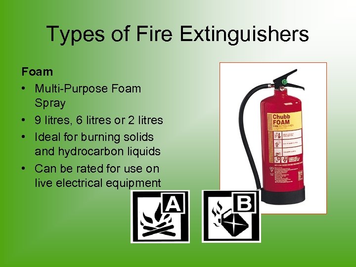 Types of Fire Extinguishers Foam • Multi-Purpose Foam Spray • 9 litres, 6 litres