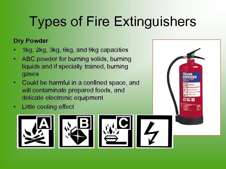 Types of Fire Extinguishers Dry Powder • 1 kg, 2 kg, 3 kg, 6