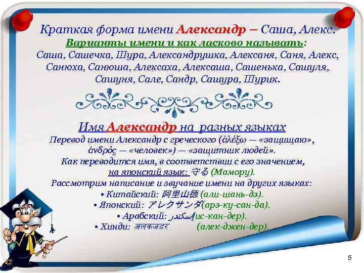 Краткая форма имени Александр – Саша, Алекс. Варианты имени и как ласково называть: Саша,