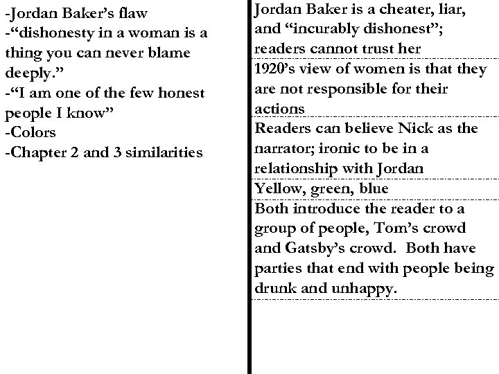 -Jordan Baker’s flaw -“dishonesty in a woman is a thing you can never blame