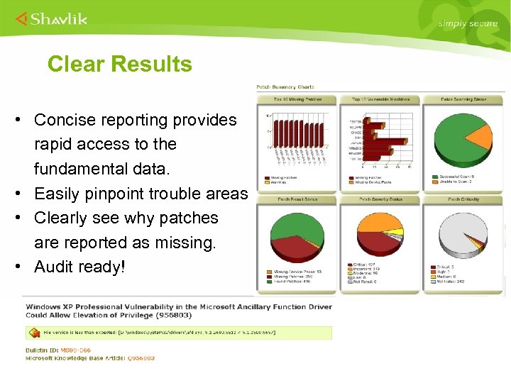 Clear Results • Concise reporting provides rapid access to the fundamental data. • Easily