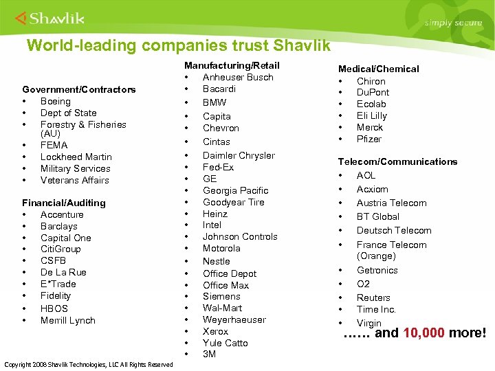 World-leading companies trust Shavlik Government/Contractors • Boeing • Dept of State • Forestry &