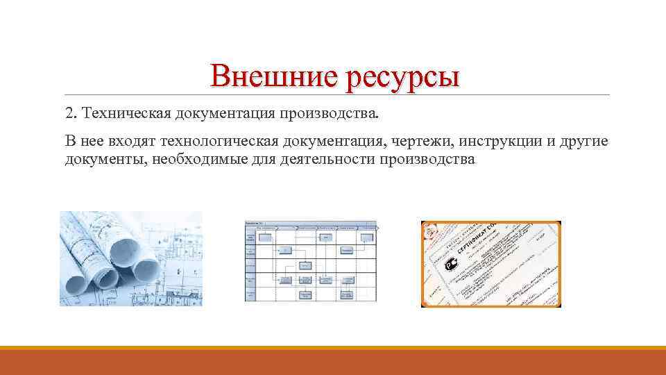 Внешние ресурсы 2. Техническая документация производства. В нее входят технологическая документация, чертежи, инструкции и