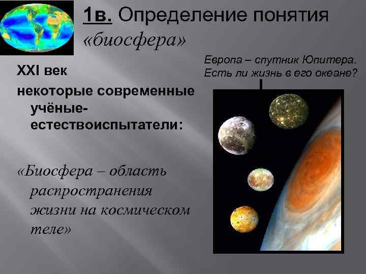 1 в. Определение понятия «биосфера» XXI век некоторые современные учёныеестествоиспытатели: «Биосфера – область распространения