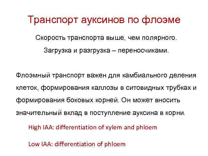 Транспорт ауксинов по флоэме Скорость транспорта выше, чем полярного. Загрузка и разгрузка – переносчиками.